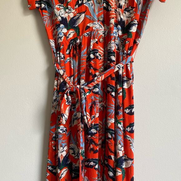 LOFT Womens Floral Short Capped Sleeve Button Down Dress with Belt in Red Size 6 - Picture 4 of 15